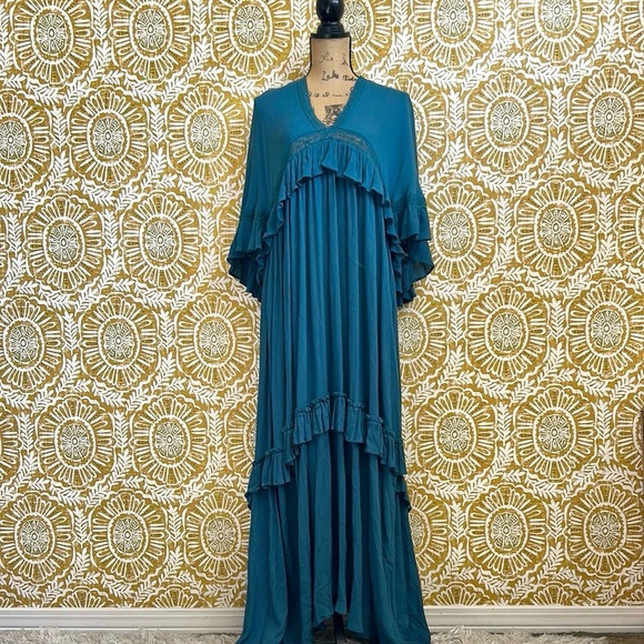 Free People Paradiso Boho Ruffle Lace V-Neck Maxi Dress in Lagoon Sz XS SOLD OUT - Picture 5 of 14